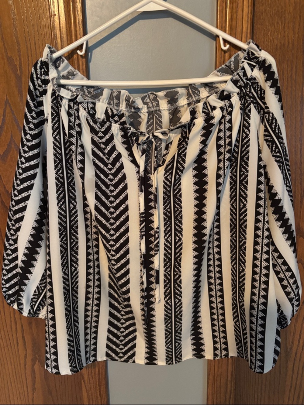 SHEIN Black & White Striped Aztec Off-Shoulder Tunic